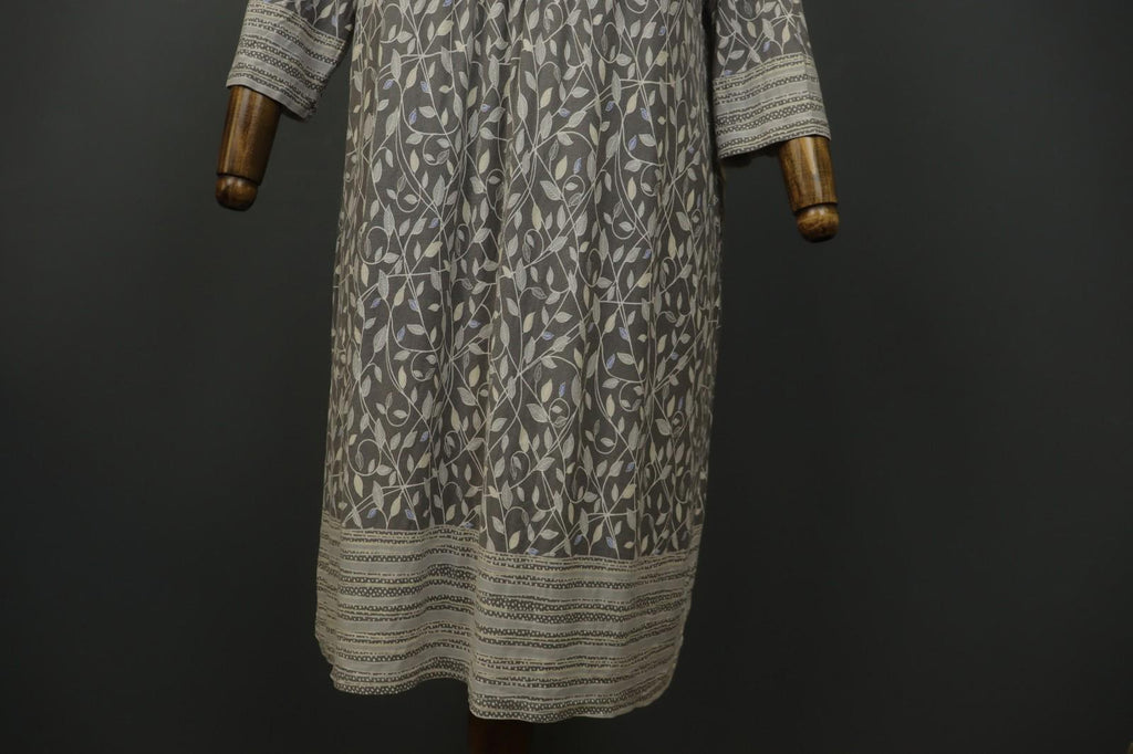 GUDRUN SJODEN Gray Leaf Print Cotton V-Neck Summer Pullover Maxi Dress – Size XL