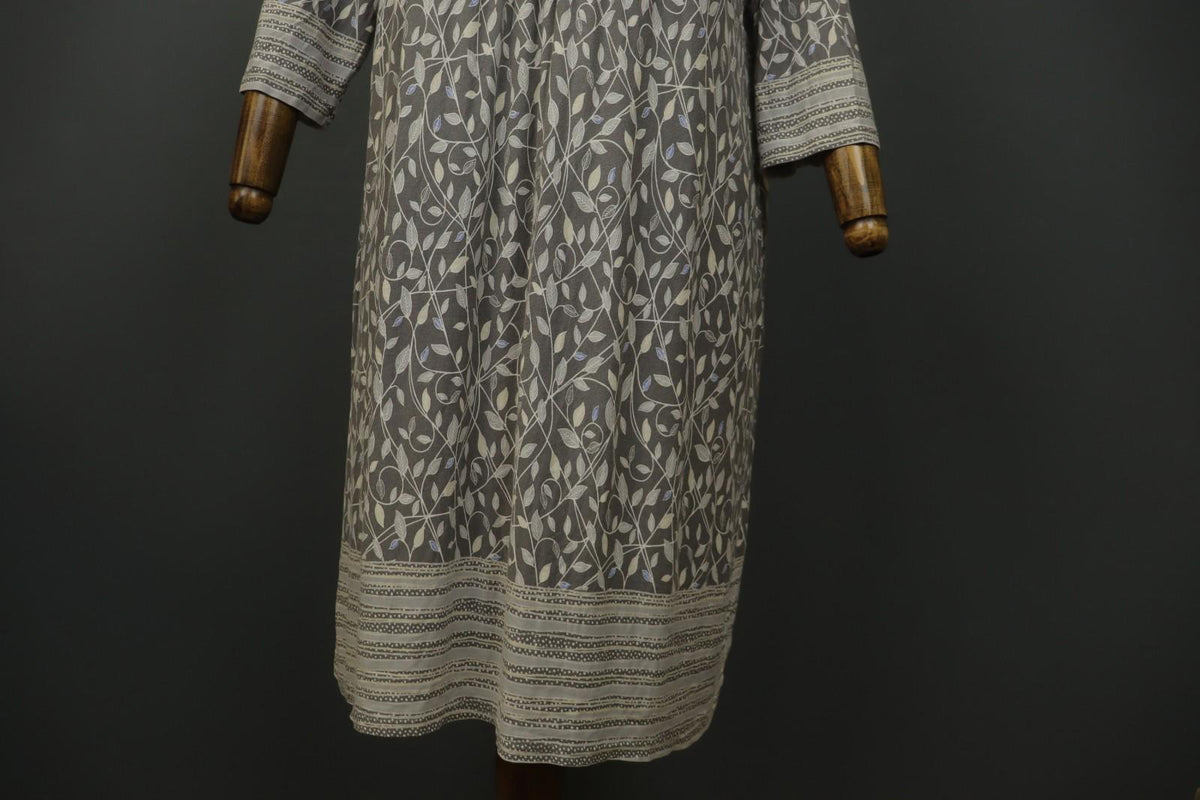 GUDRUN SJODEN Gray Leaf Print Cotton V-Neck Summer Pullover Maxi Dress – Size XL