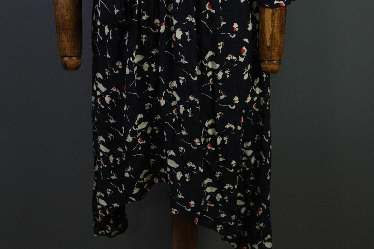 BA&SH Black Floral Long Sleeve V-Neck Belted A-Line Midi Dress – Size 4