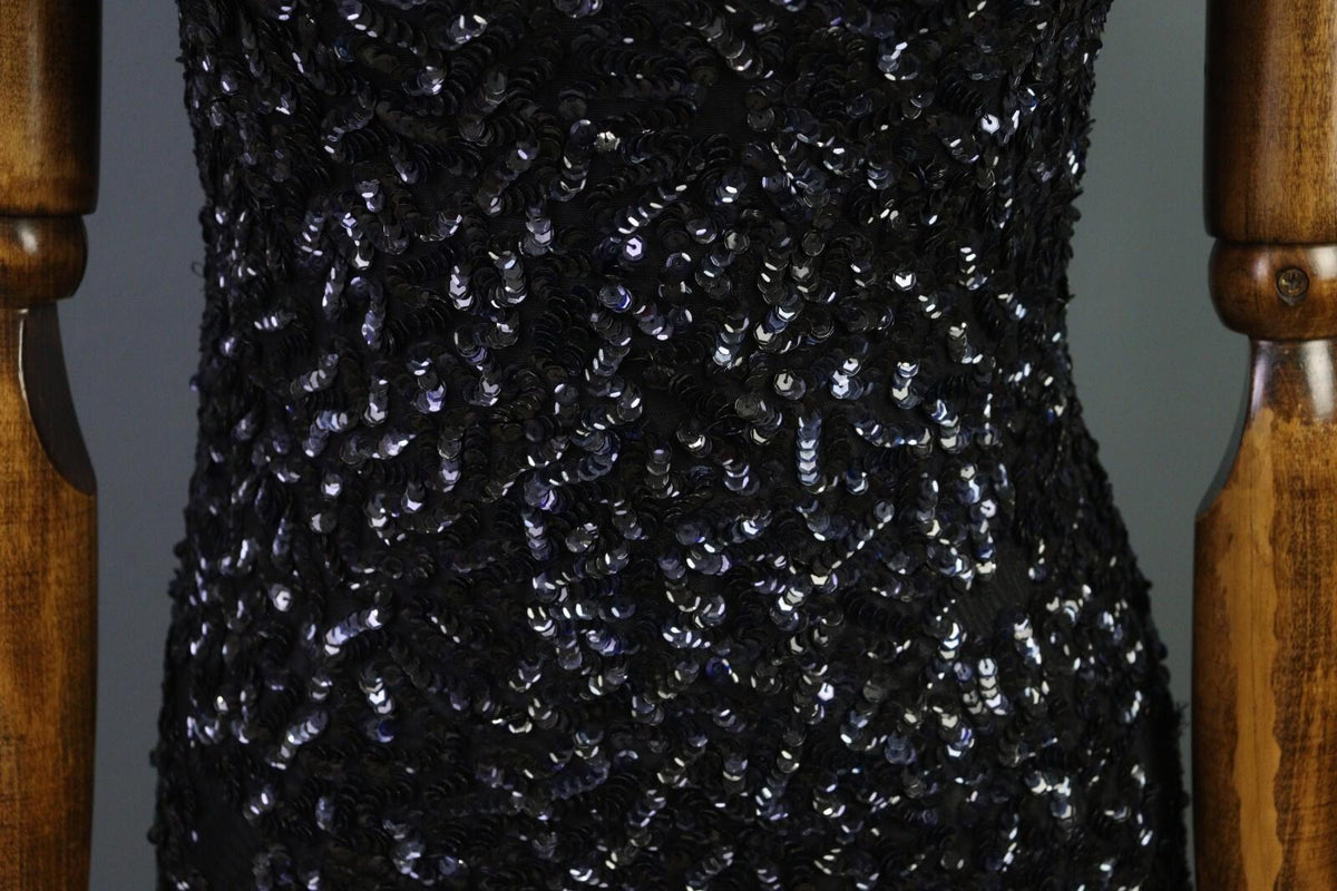 ALICE + OLIVIA Black Sequin Cap Sleeve Round Neck Top Blouse Shirt