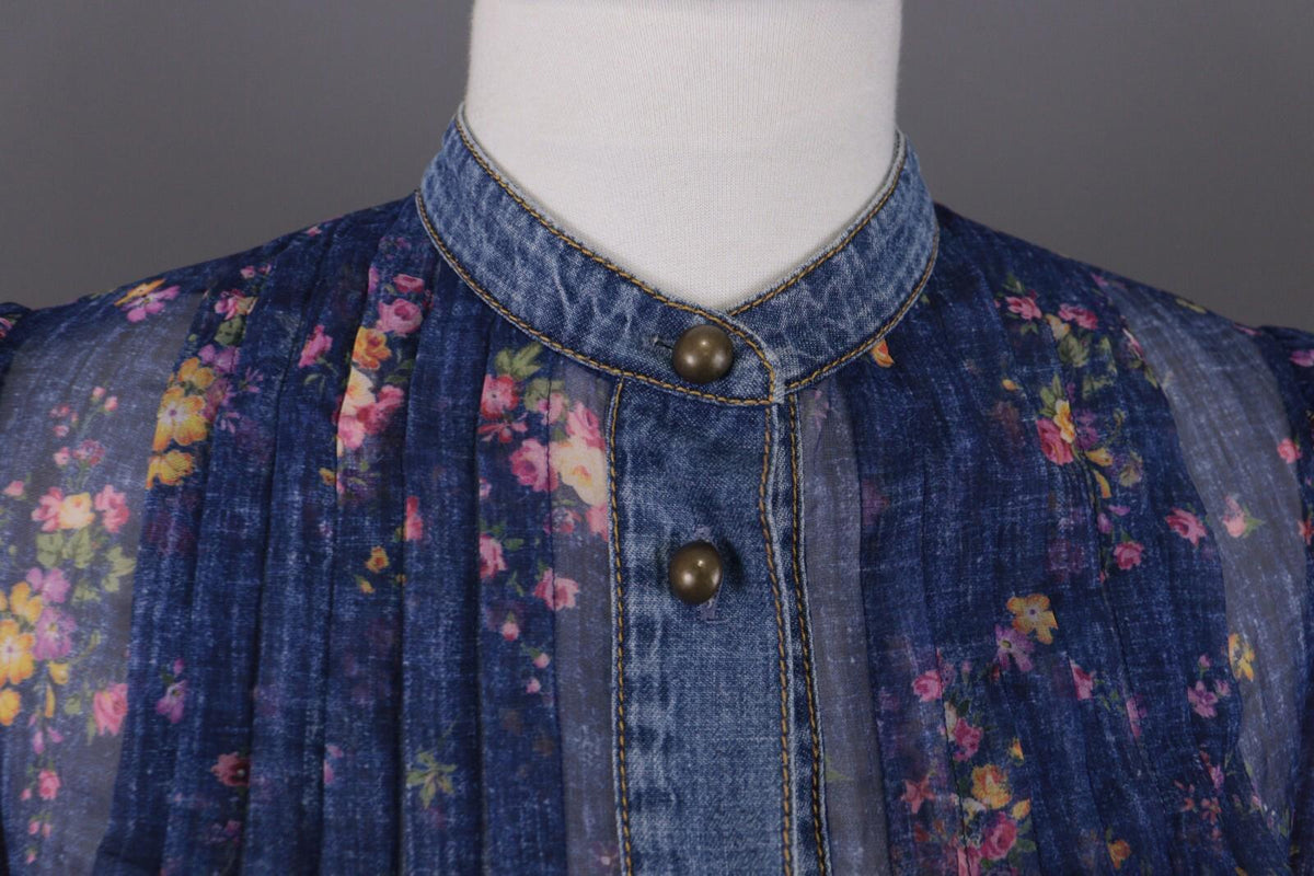 PHILOSOPHY Di Lorenzo Serafini Blue Floral Mesh Ruffle Long Sleeve A-Line Dress