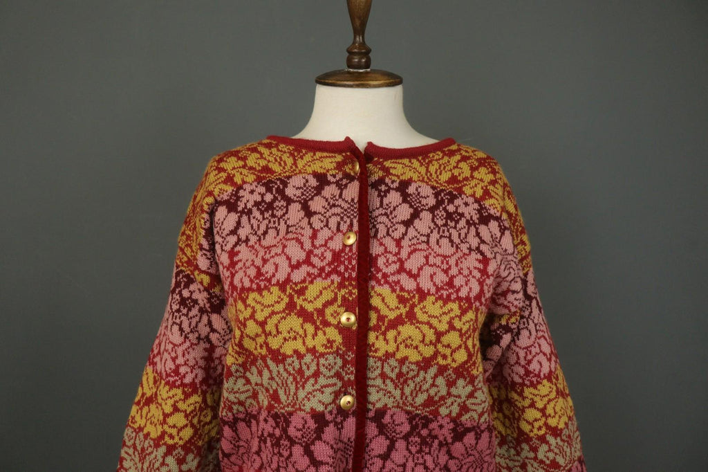 OLEANA Multi 100% Wool Floral Knitted Long Sleeve Button Front Cardigan – Size M