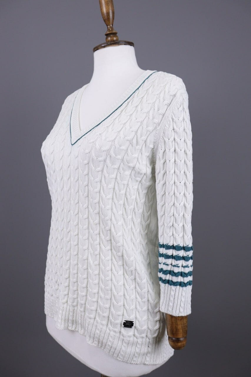 Burberry London White Striped Knit V-Neck Sweater – Size 40