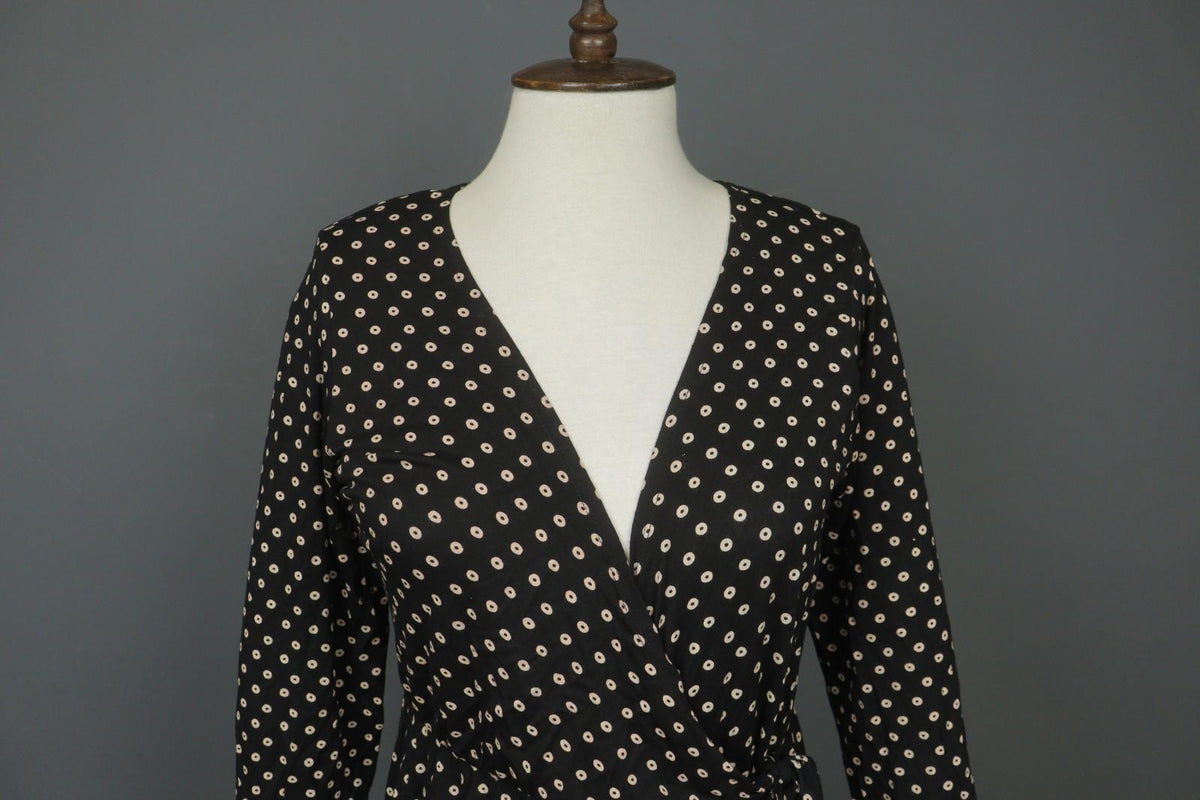 GUDRUN SJODEN Black Polka Dot Modal Long Sleeve Tie Waist Wrap Dress – Size M