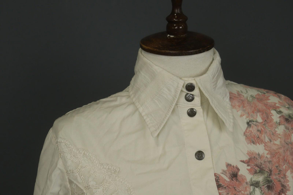SAVE THE QUEEN White Floral Cotton Lace Long Sleeve Snap Button Shirt Top – Size S