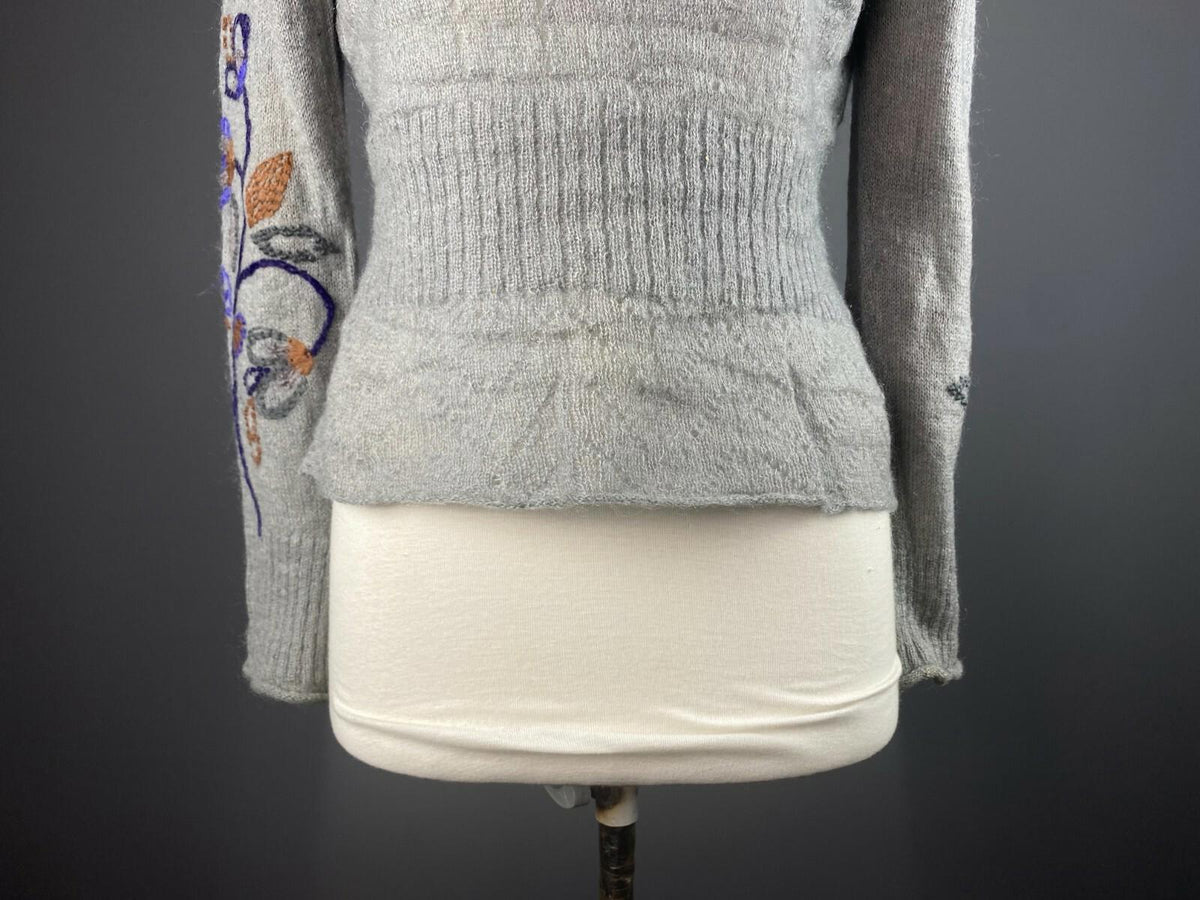 GUDRUN SJODEN Gray Mohair Wool Embroidered Floral Knited Sweater – Size M