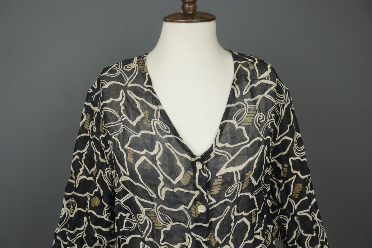 GUDRUN SJODEN Black Floral 100% Viscose V-Neck Button Front Shirt Dress – Size L