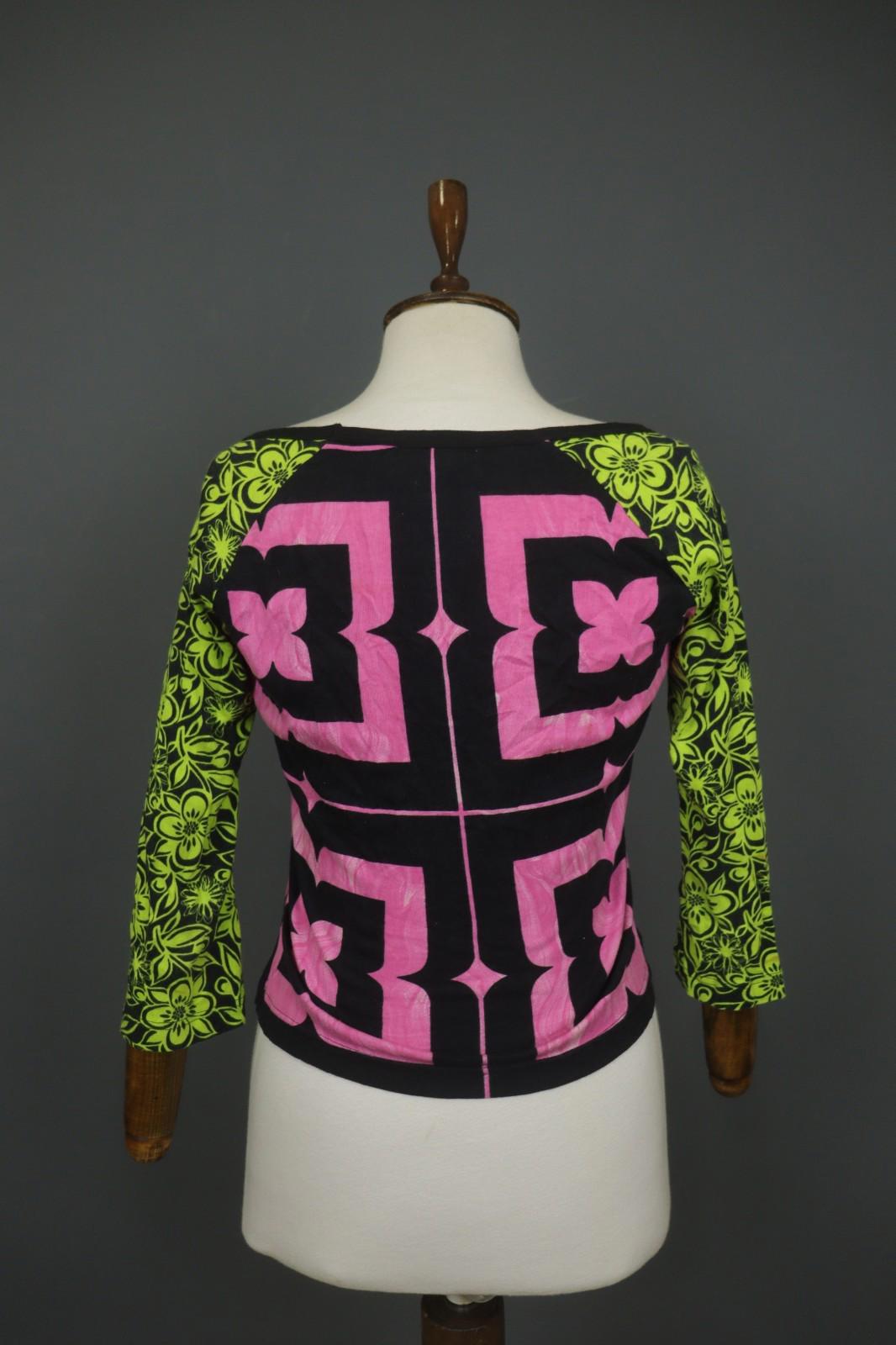 CUSTO BARCELONA Multi Floral Cotton Long Sleeve Round Neck Crop Blouse Top Sz M