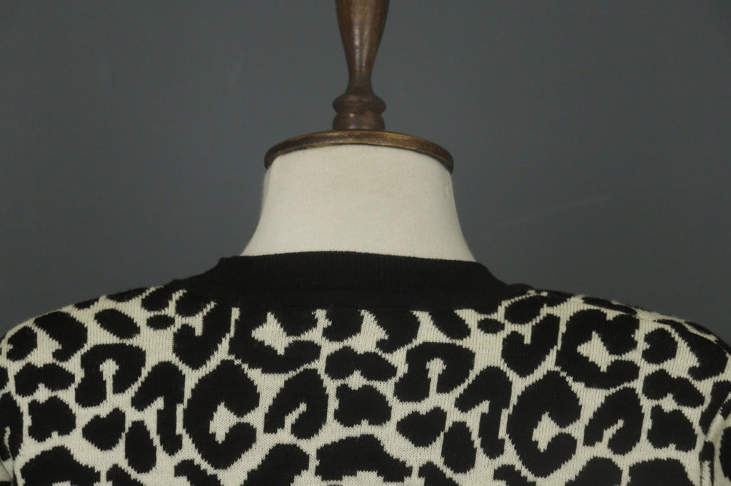 GIVENCHY Life Black White Leopard Print 100% Wool Long Sleeve Sweater Dress M/L