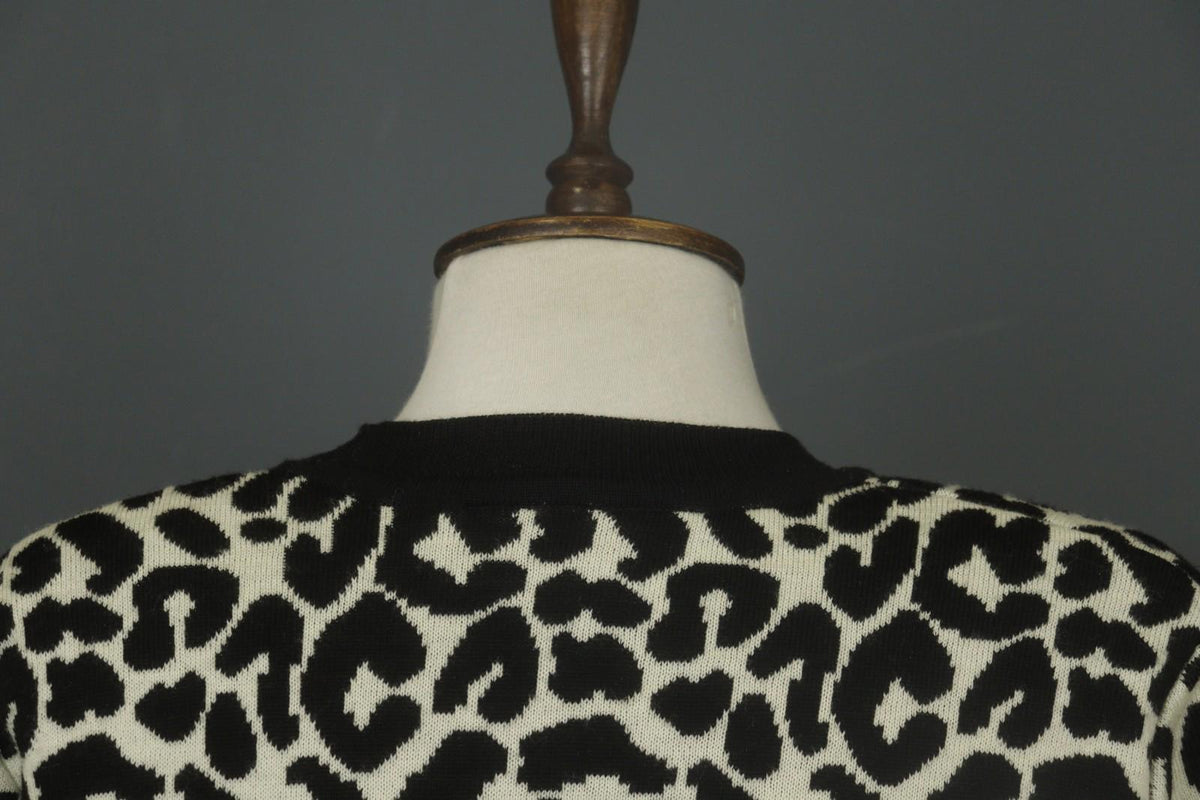 GIVENCHY Life Black White Leopard Print 100% Wool Long Sleeve Sweater Dress M/L