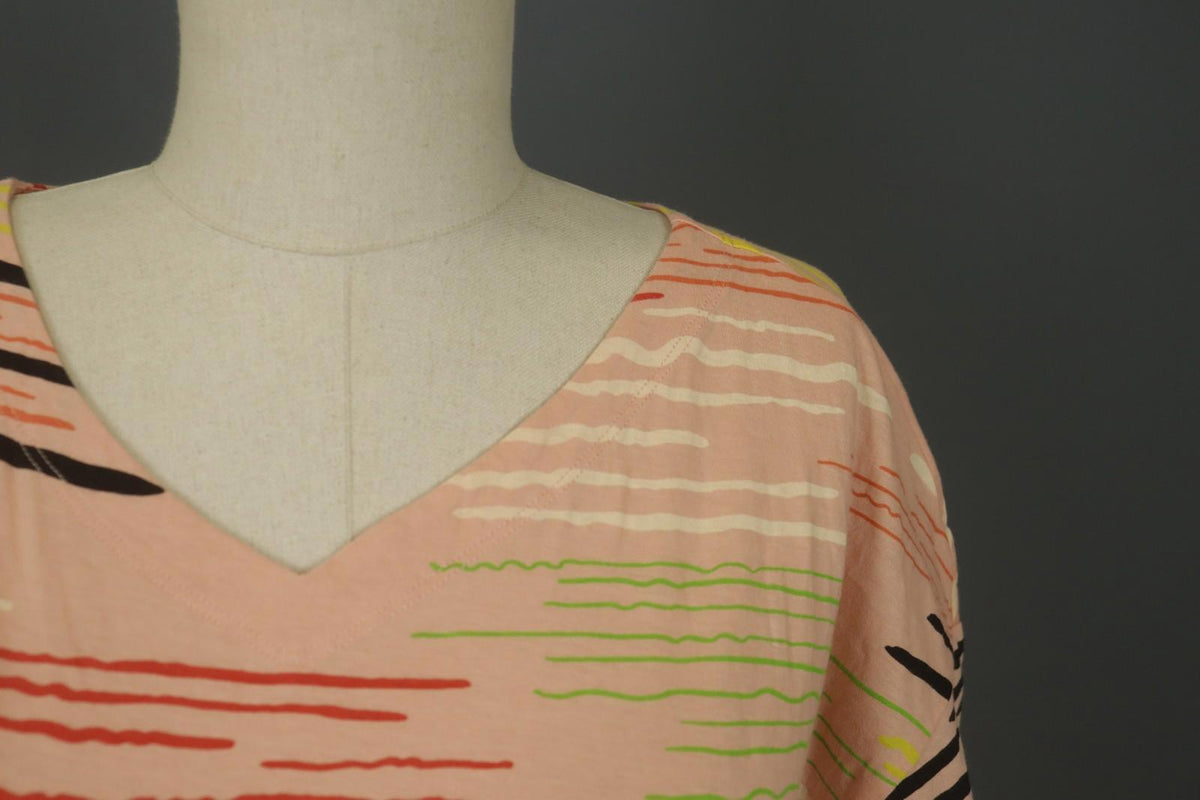 GUDRUN SJODEN Multi Striped Cotton Short Sleeve V-Neck Pullover Blouse Top Sz L