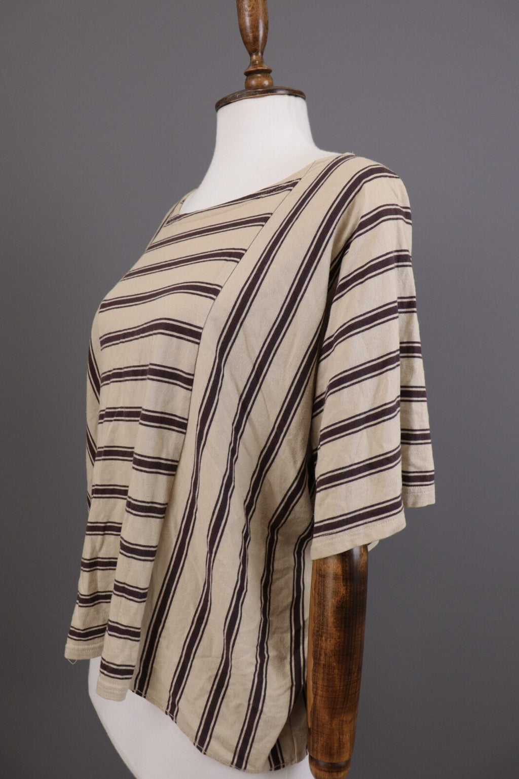 Gudrun Sjoden Beige Striped Short Sleeve Lagenlook Relaxed Blouse Shirt – Size M