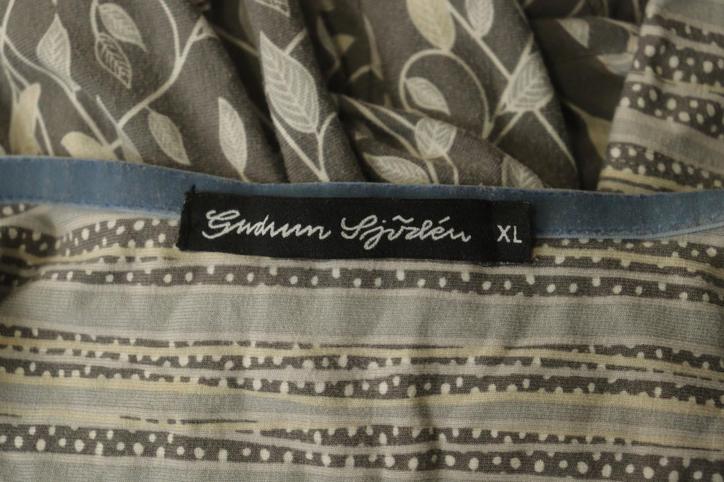 GUDRUN SJODEN Gray Leaf Print Cotton V-Neck Summer Pullover Maxi Dress – Size XL