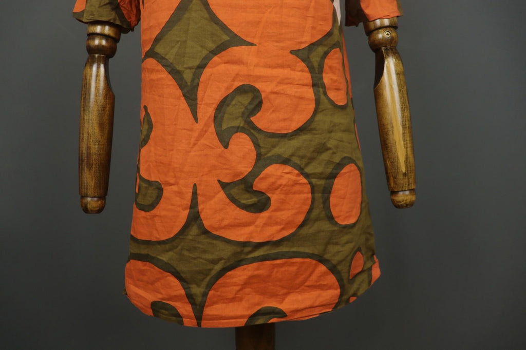 MARIMEKKO Orange Green Geometric Cotton Stretch Round Neck Shift Dress – Size 34