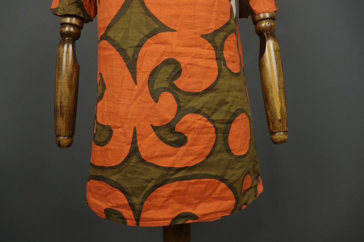 MARIMEKKO Orange Green Geometric Cotton Stretch Round Neck Shift Dress – Size 34