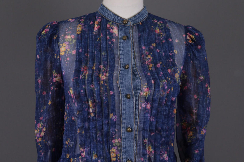 PHILOSOPHY Di Lorenzo Serafini Blue Floral Mesh Ruffle Long Sleeve A-Line Dress
