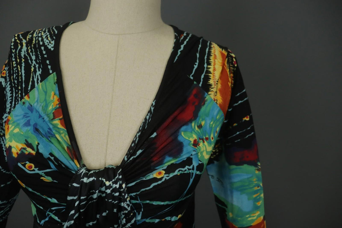 ROBERTO CAVALLI Multicolor Geometric Long Sleeve V-Neck Midi Shift Dress – Size L