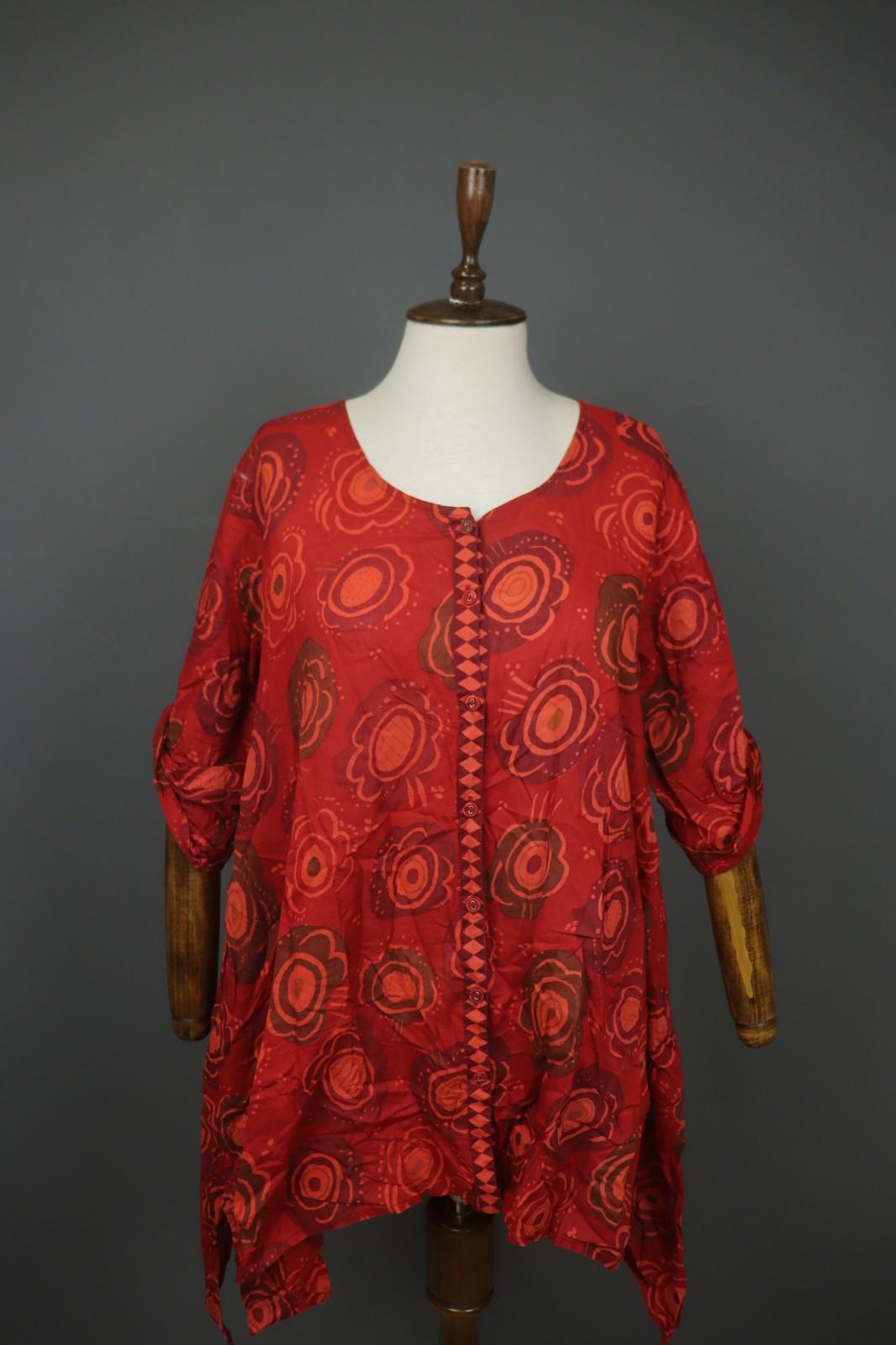 GUDRUN SJODEN Red Cotton Floral Roll Tab Sleeve Button Front Shirt Dress – Size L