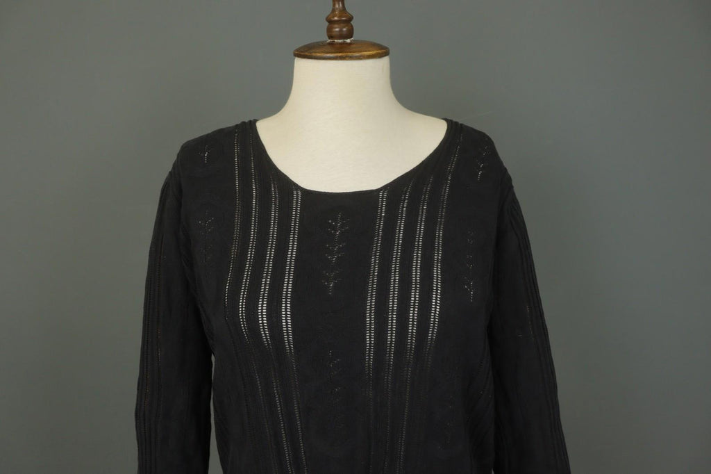 GUDRUN SJODEN Black Silk Open Knit Long Sleeve Round Neck Pullover Sweater