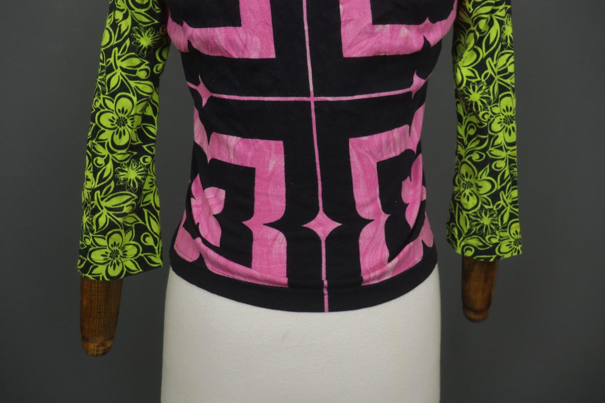 CUSTO BARCELONA Multi Floral Cotton Long Sleeve Round Neck Crop Blouse Top Sz M