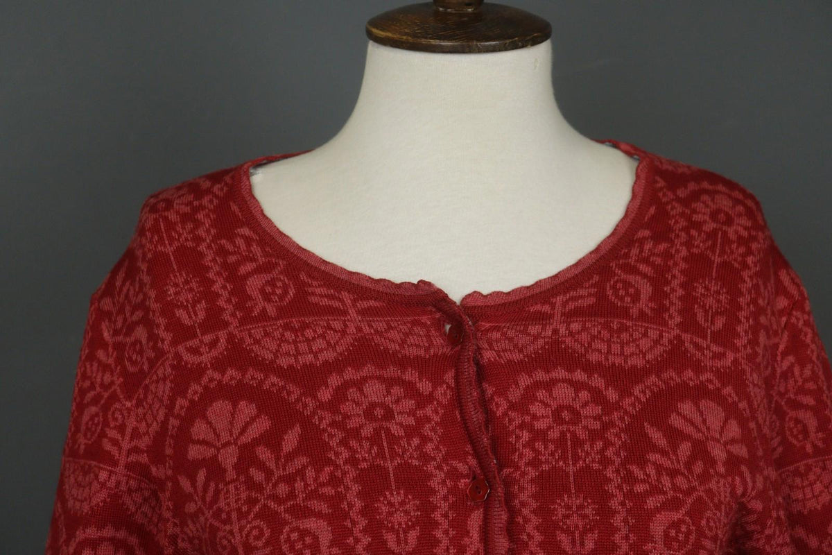 OLEANA Red Floral Wool Blend Long Sleeve Button Front Cardigan Sweater – Size M