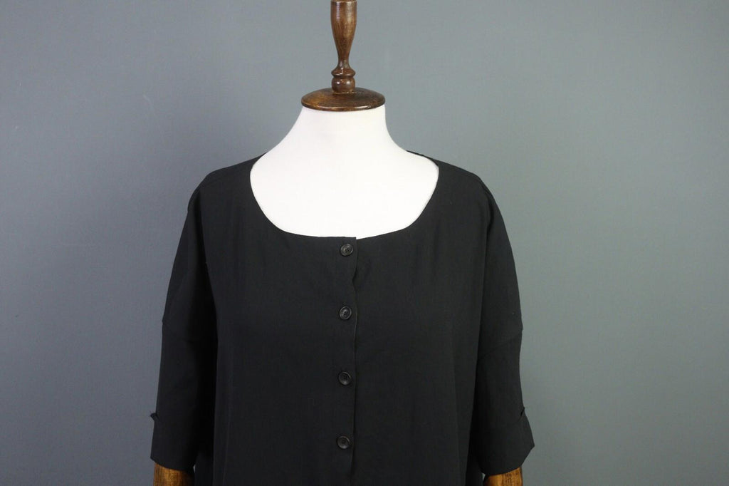 OSKA Black Short Sleeve Button Scoop Neck A-Line Blouson Dress – Size 3