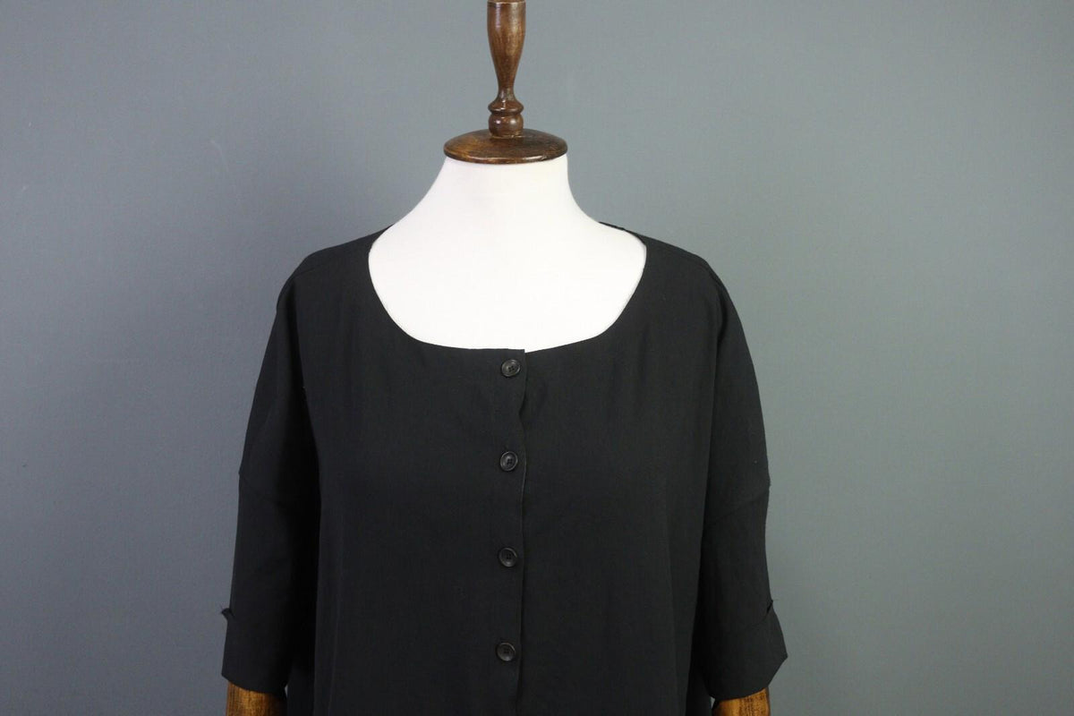 OSKA Black Short Sleeve Button Scoop Neck A-Line Blouson Dress – Size 3