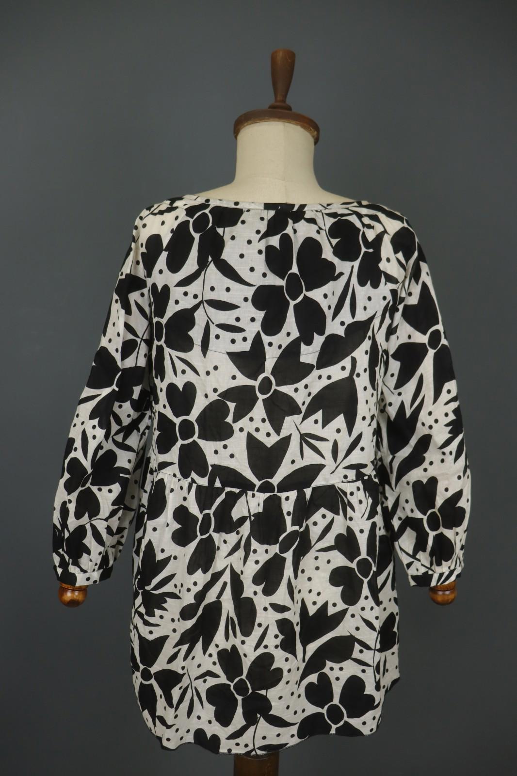 GUDRUN SJODEN White Black Floral Cotton Long Sleeve Button Front Blouse Top Sz S