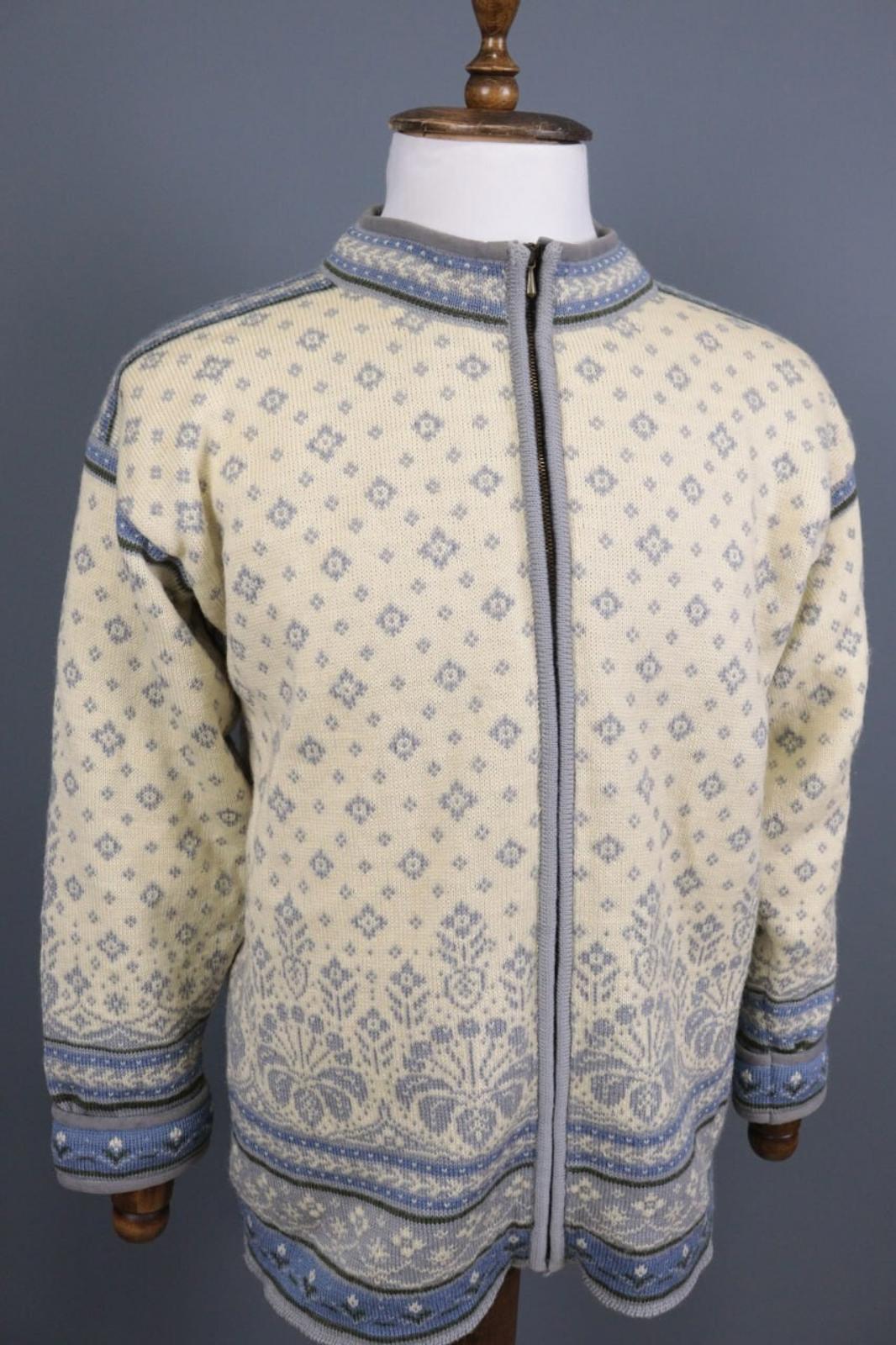 DALE OF NORWAY Beige Blue Fair Isle Wool Full Zip Knit Cardigan Sweater – Size M