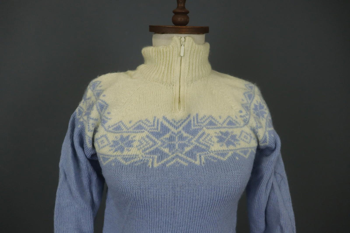 DALE OF NORWAY Blue & White Wool Knitted Mock Neck 1/4 Zip Ski Sweater – Size XS