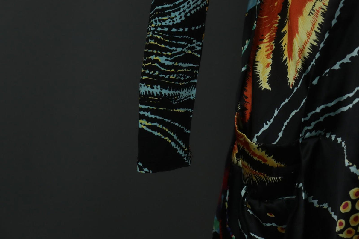 ROBERTO CAVALLI Multicolor Geometric Long Sleeve V-Neck Midi Shift Dress – Size L