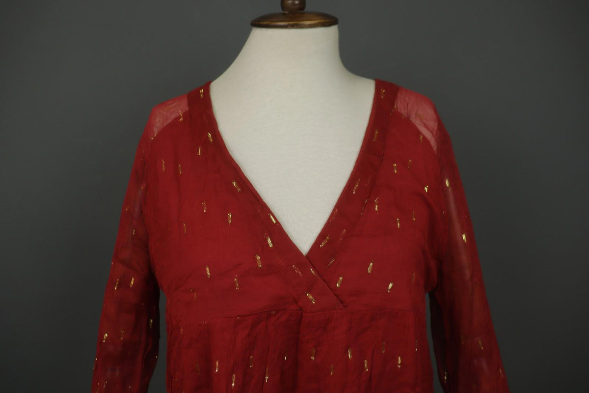 SEZANE Red Metallic Viscose V-Neck Summer Casual Pullover Blouse Top – Size 40