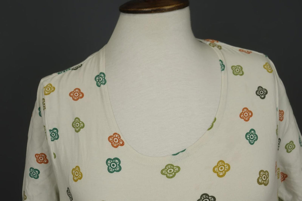 GUDRUN SJODEN Multi Floral Cotton Short Sleeve Round Neck Pullover Dress S/M