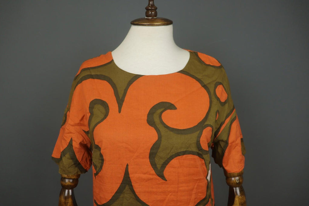 MARIMEKKO Orange Green Geometric Cotton Stretch Round Neck Shift Dress – Size 34