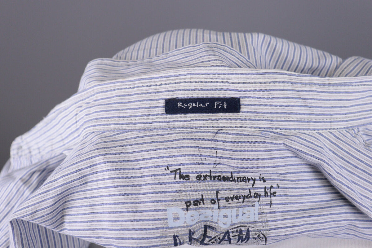 Desigual Regular Fit Blue Pinstripe Printed Long Sleeve Button Down Shirt Sz XXL