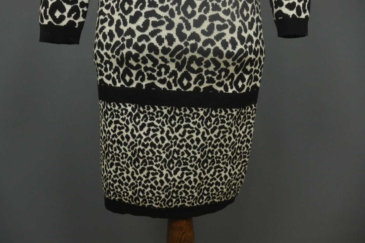 GIVENCHY Life Black White Leopard Print 100% Wool Long Sleeve Sweater Dress M/L
