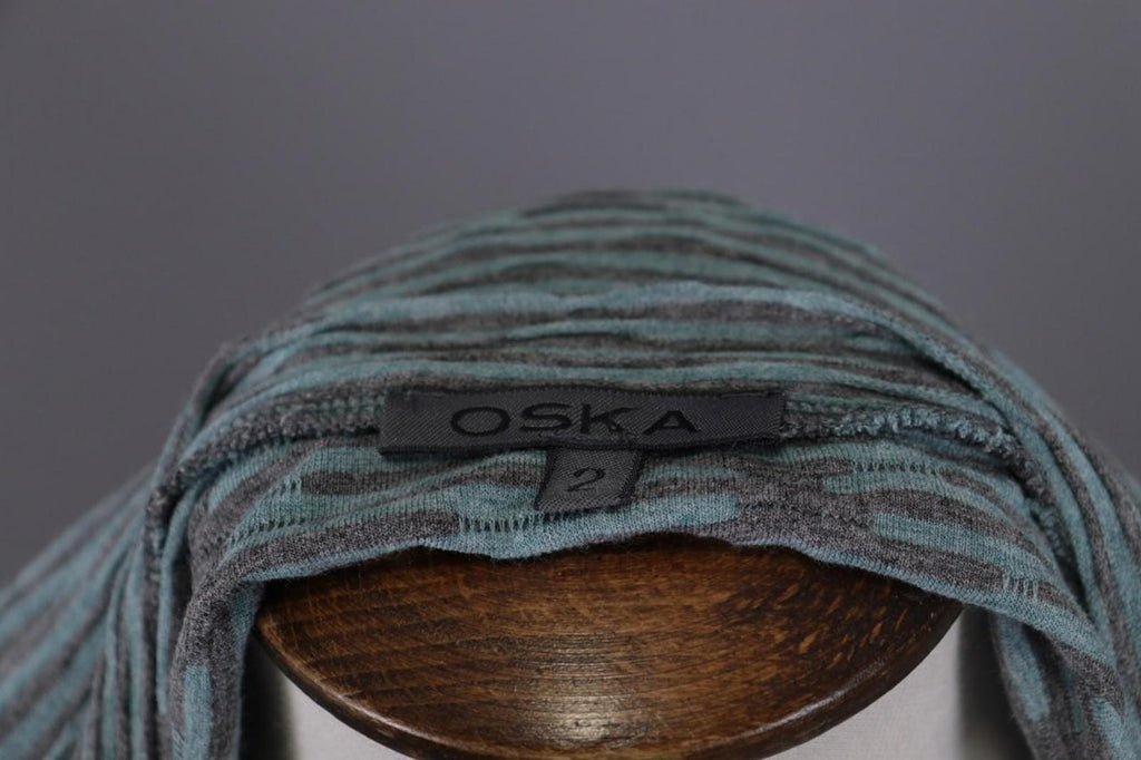 OSKA Green Black Striped Viscose Round Neck Asymmetrical Hem Blouse Top – Size 2