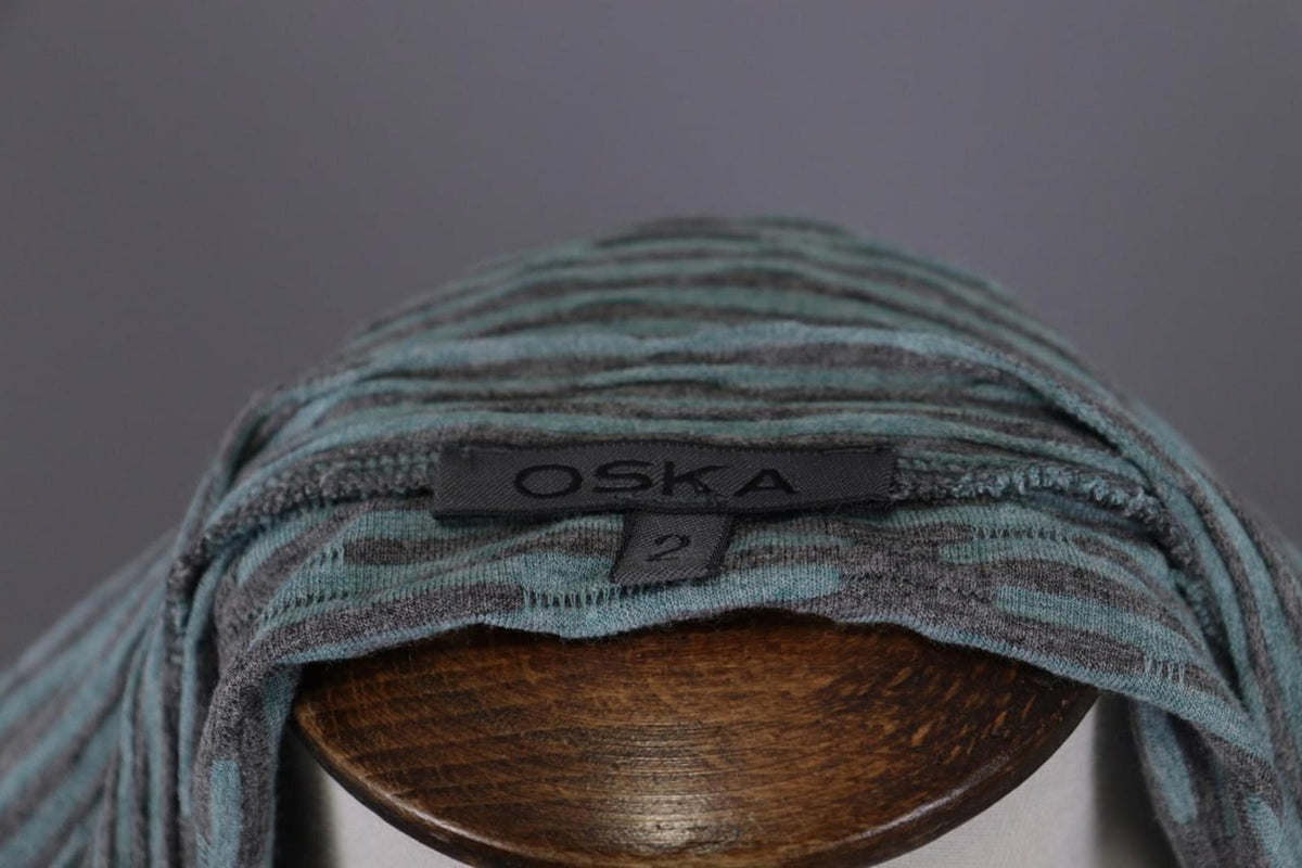 OSKA Green Black Striped Viscose Round Neck Asymmetrical Hem Blouse Top – Size 2