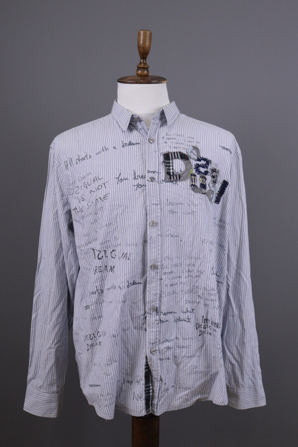 Desigual Regular Fit Blue Pinstripe Printed Long Sleeve Button Down Shirt Sz XXL