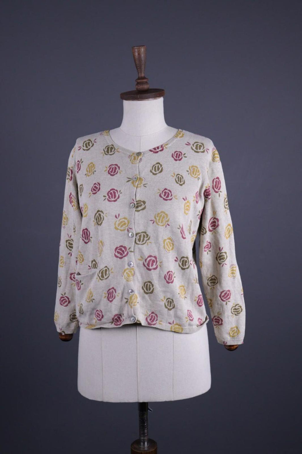 GUDRUN SJODEN Beige Floral Knit Cardigan Sweater – Size M