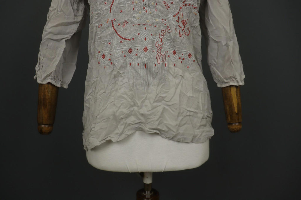 JOHNNY WAS Multi Embroidered Floral Long Sleeve Button Tunic Blouse Top S/M
