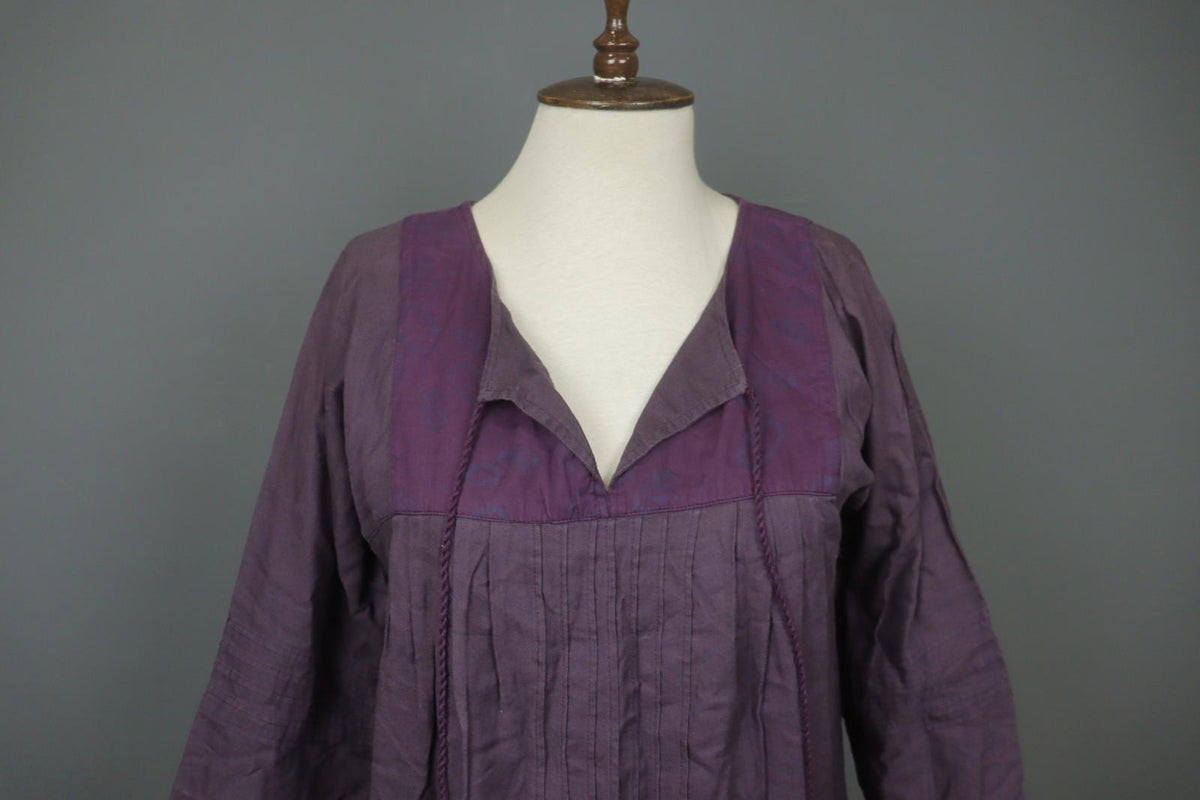 GUDRUN SJÖDEN Purple 100% Cotton Pintuck Long Sleeve Tie Neck Tunic Dress – Size S