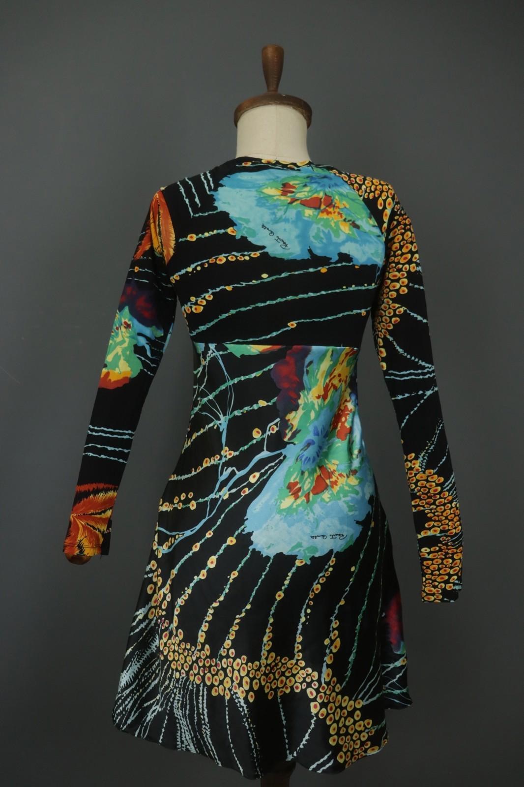 ROBERTO CAVALLI Multicolor Geometric Long Sleeve V-Neck Midi Shift Dress – Size L