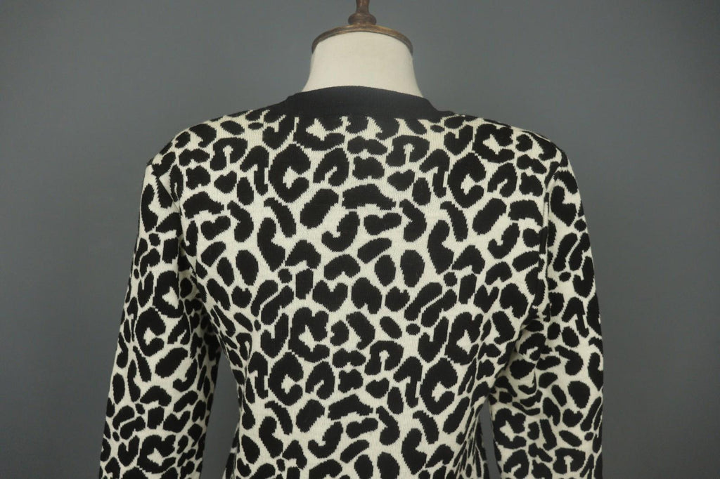 GIVENCHY Life Black White Leopard Print 100% Wool Long Sleeve Sweater Dress M/L