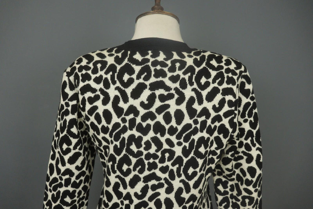 GIVENCHY Life Black White Leopard Print 100% Wool Long Sleeve Sweater Dress M/L