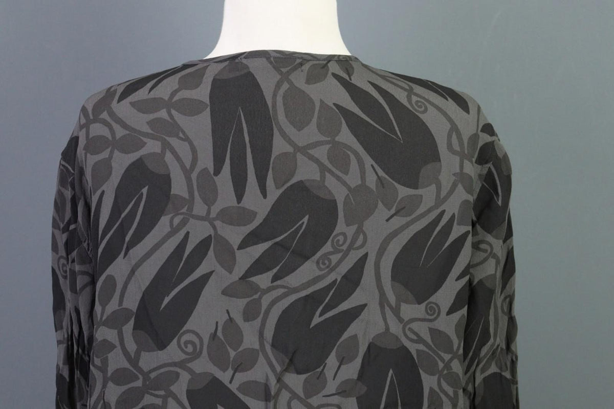 GUDRUN SJODEN Gray Black Leaf Print 100%Viscose Button Front Sheath Dress – Size L