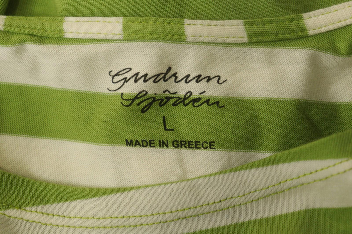 GUDRUN SJODEN White Green Striped 100% Cotton Crew Neck Pullover T-Shirt – Size L