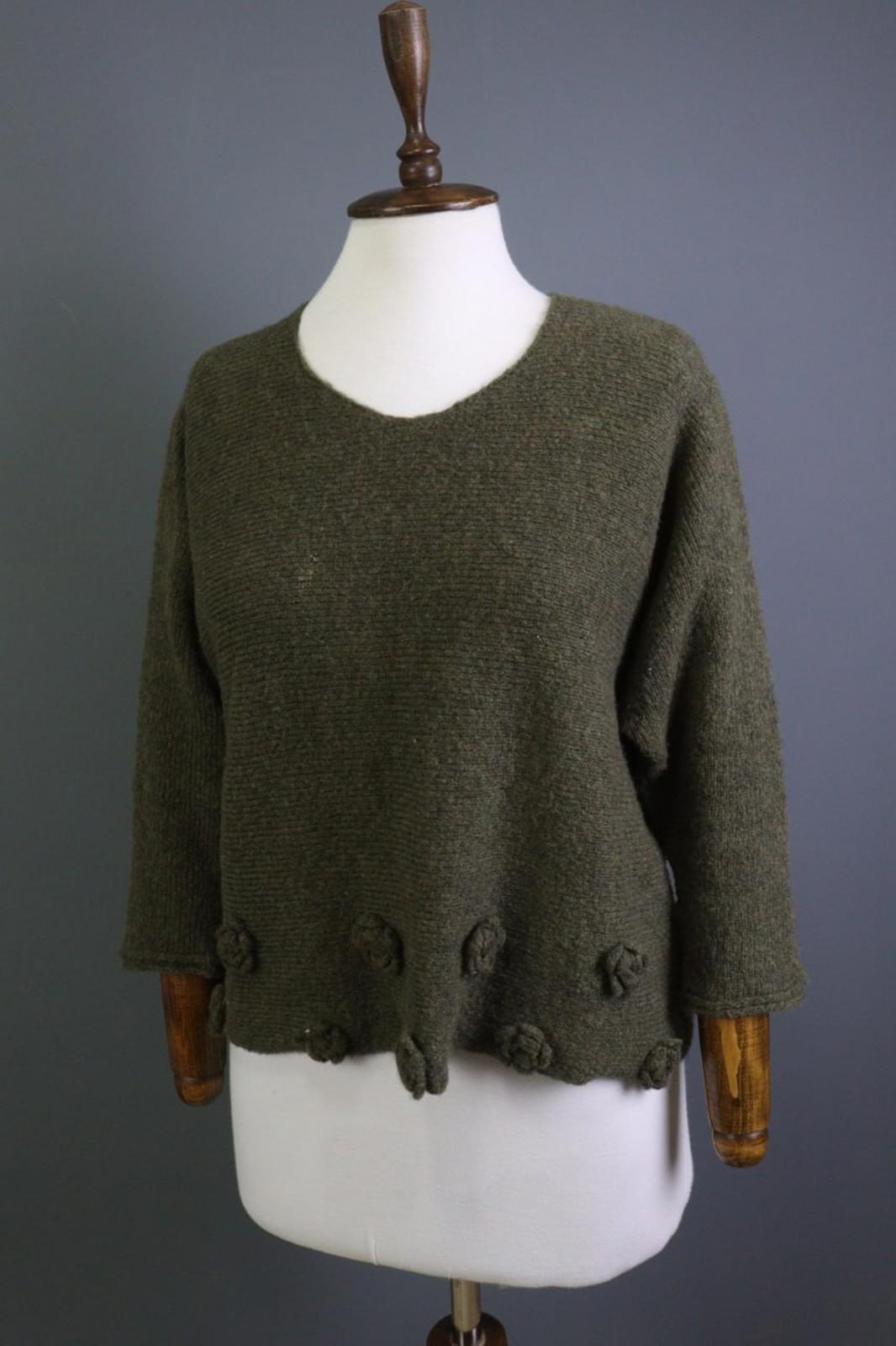 GRIZAS Green Wool Flower Knit Crew Neck Long Sleeve Pullover Sweater – Size XL