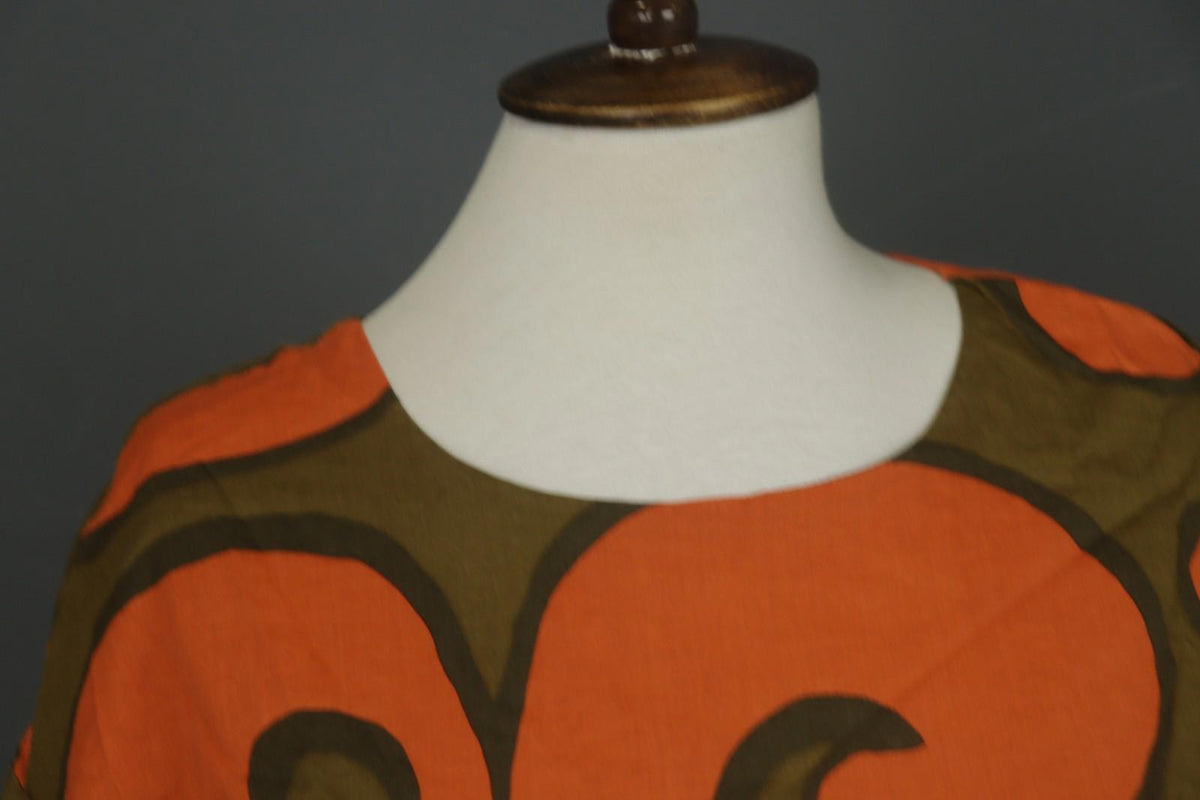 MARIMEKKO Orange Green Geometric Cotton Stretch Round Neck Shift Dress – Size 34