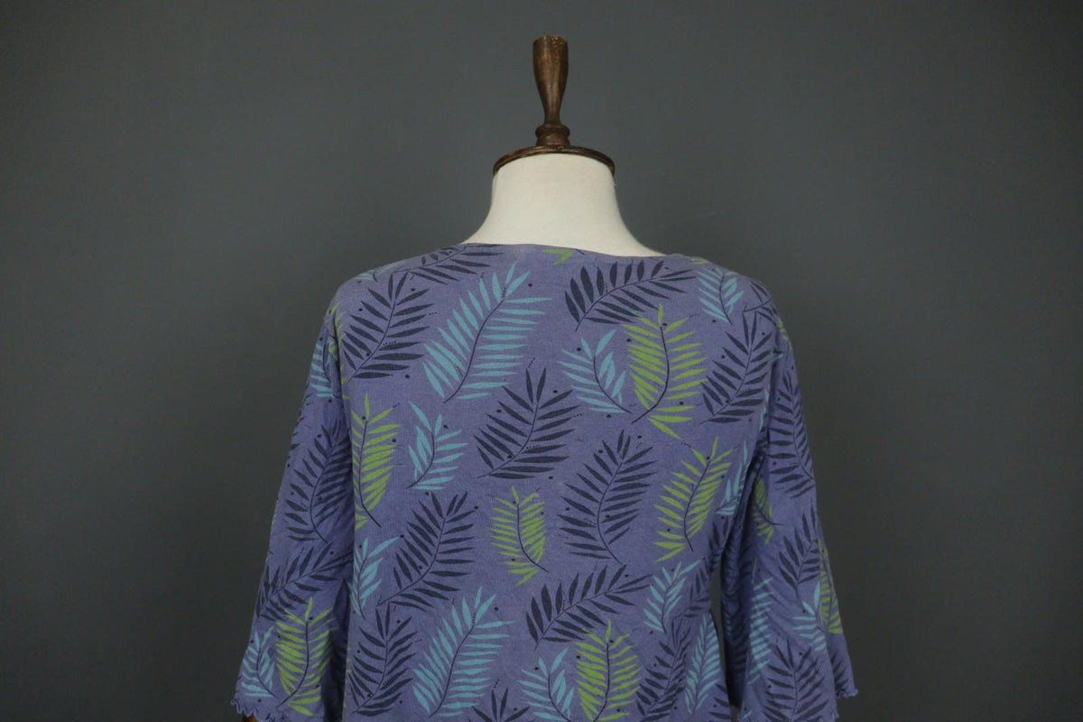 GUDRUN SJODEN Blue Palm Leaf Print Cotton 3/4 Sleeve Pullover Knit Top – Size M